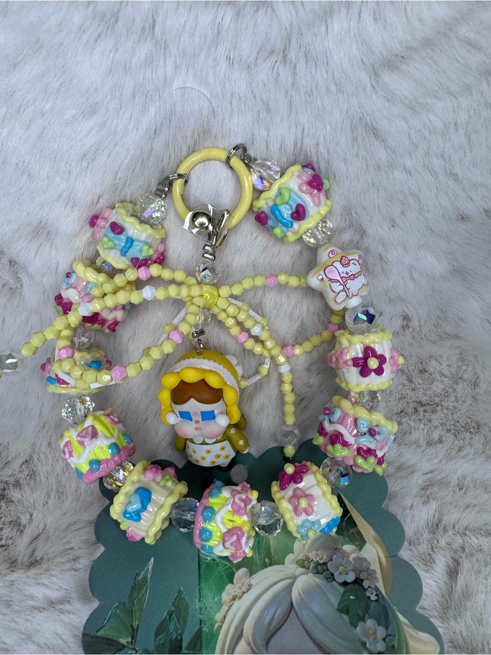 Kawaii Yellow Beaded Charm Bracelet with Doll Pendant